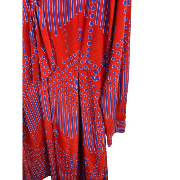 ModCloth Dress Womens 10 Fit and Flare Long Sleeve Pleated Red Blue Print Fall - Picture 5 of 16